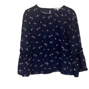 Women’s SWEET RAIN, Ditsy, Bell Sleeves, Bird Print Top, Blue, Size Large